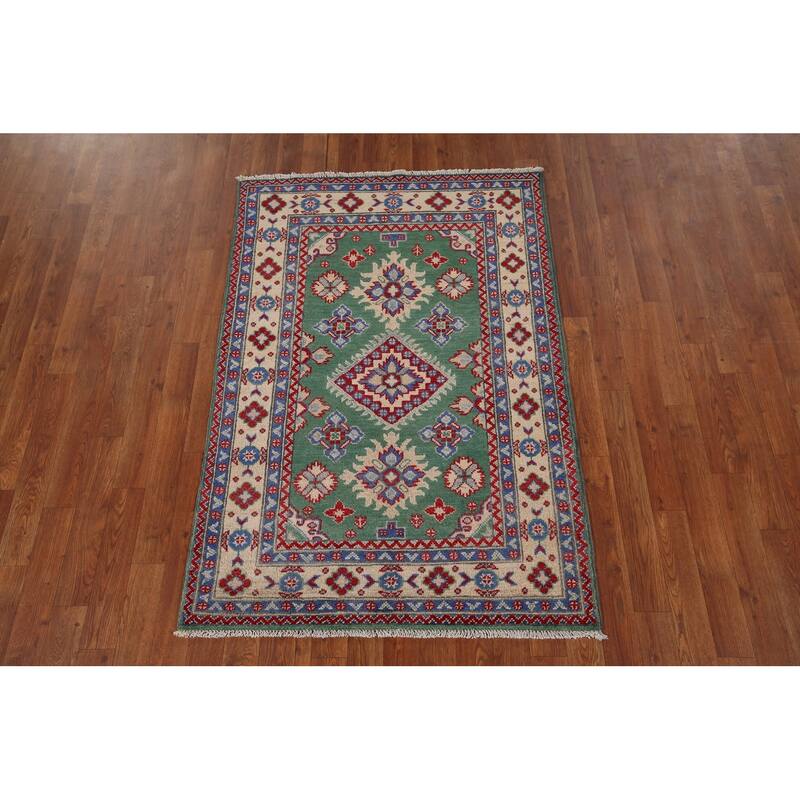 Green Geometric Kazak Oriental Accent Rug Handmade Wool Carpet - 3'4" x 4'10"