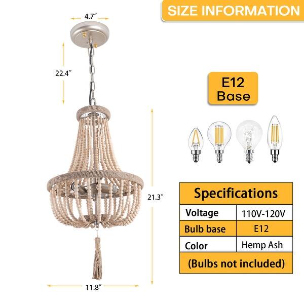 Pendant Rope Ceiling 3-Light Wood Bead Chandelier Hemp Ropes Ceiling Pendant Light Fixture ...
