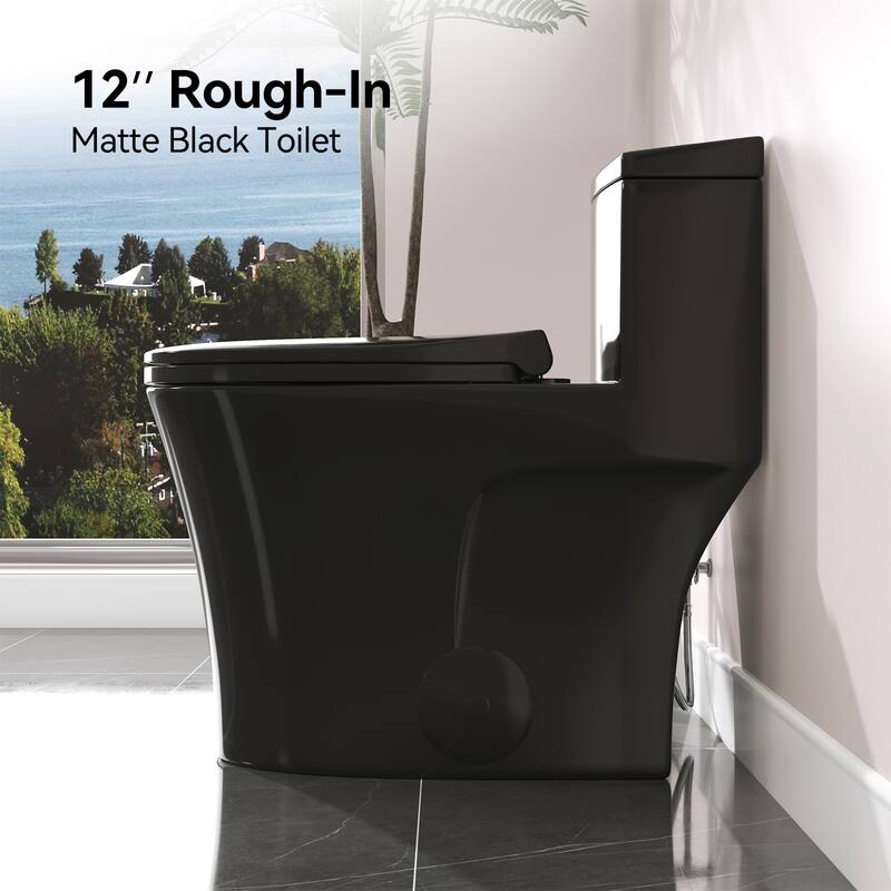 HOROW One-piece 0.8/1.28 GPF Dual Flush Elongated Toilet in Black Seat Included -- 12" Rough in