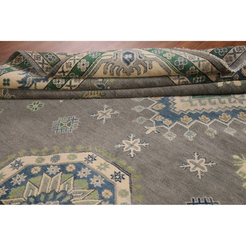 Gray Geometric Kazak Oriental Rug Living Room Handmade Wool Carpet - 9'10"x 13'1"