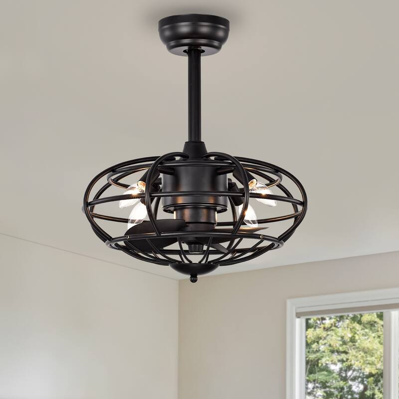 Cusp Barn Modern Enclosed Caged Ceiling Fan with Remote Control, Farmhouse Bladeless Rust Industrial Light Fixture for Bedroom - Matte Black - 18.1-Inch