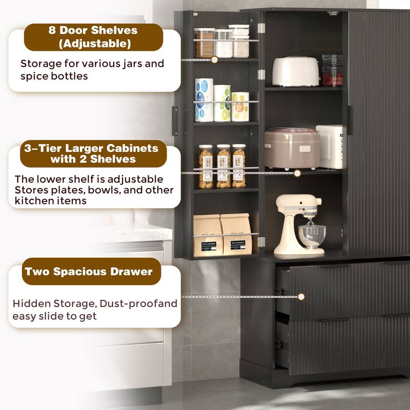 72" Tall Kitchen Pantry Cabinet with 2 Large Drawers & Spice Rack, Kitchen Cupboard with Adjustable Shelves