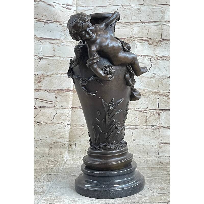Signed Original Cherub Angel Vase Style Bronze Sculpture Marble Base Figure Sale