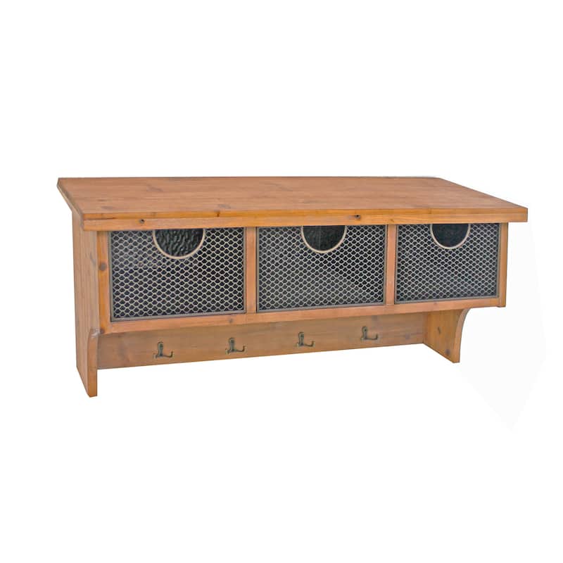 Wooden Wall Shelf with 4 Hooks and 3 Wire Baskets, Brown
