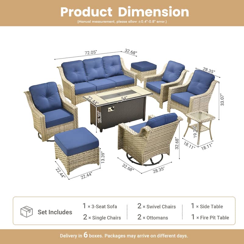 OVIOS 9 Pieces Outdoor Swivel Chairs Set with 54" Fire Table​