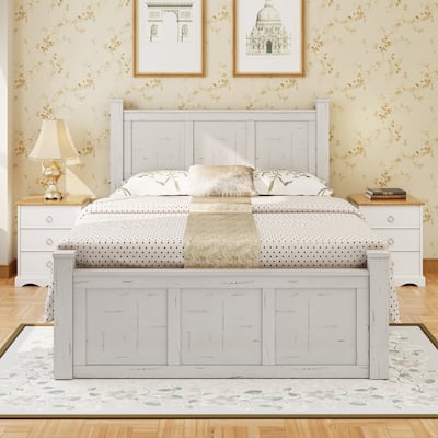 King White Distressed Platform Bed Frame Wood Panel Bed w/ 3 Drawers