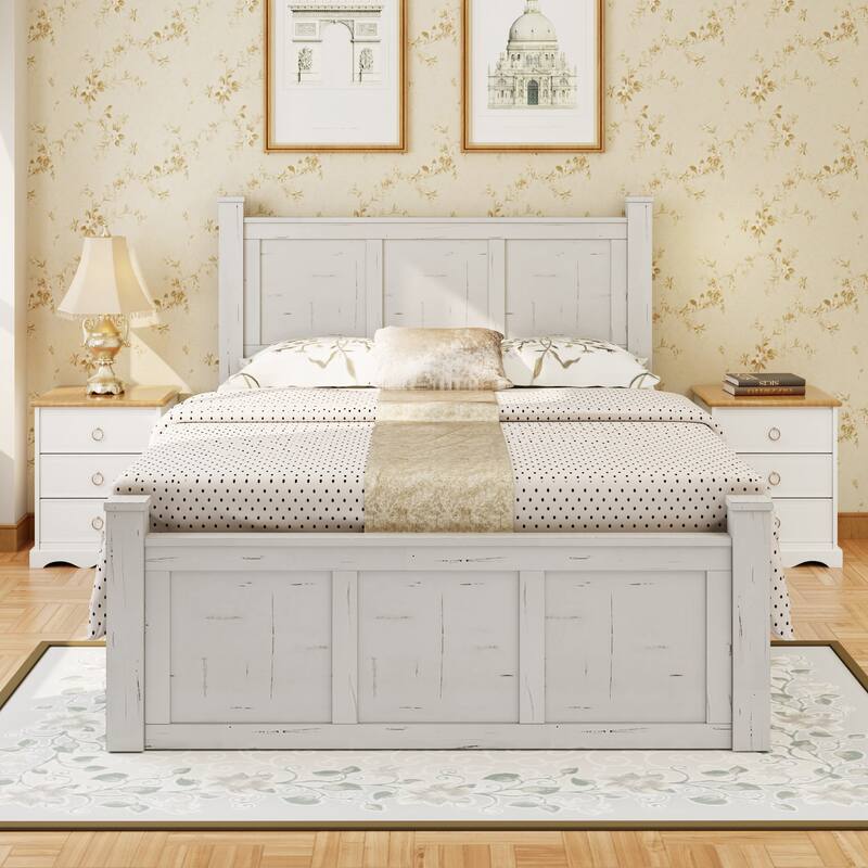 White Distressed Platform Bed Frame Wood Panel Bed w/ 3 Storage Drawers - Ancient White - King