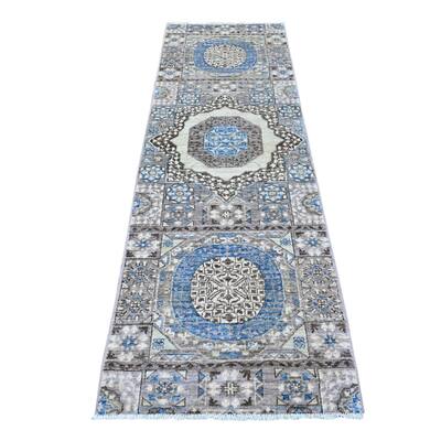 Shahbanu Rugs Supernova Gray Hand Knotted Pure Wool Fine Aryana Mamluk Runner with Geometric Medallions Design Rug (2'8"x8'1")