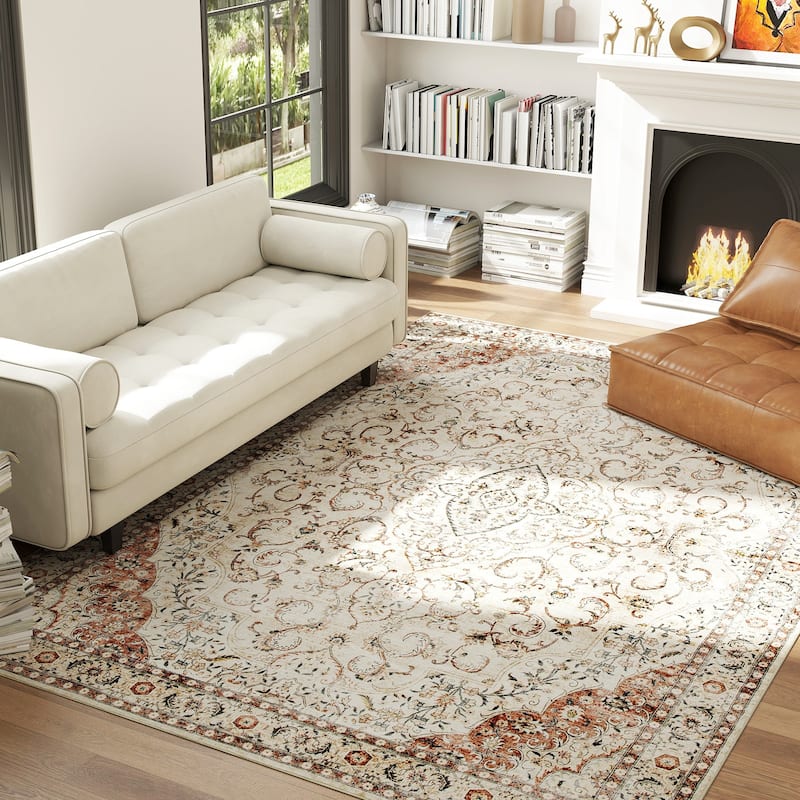 HOMCOM Area Rug 8x10, Machine Washable Rug, Non-Slip Classical Floral Print Floor Cover Foldable Carpet for Living Room