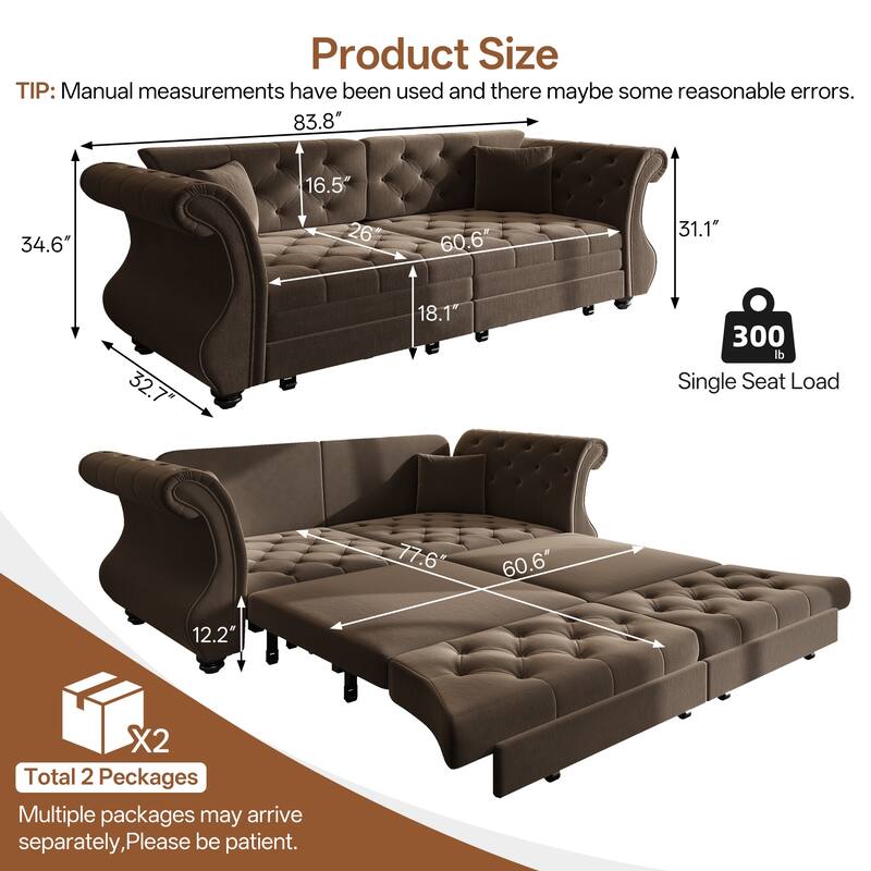 83.8 Inch Chesterfield Pull Out Sofa Bed, Velvet Roll Arm Couch with Flower Tufting, Convertible Sleeper