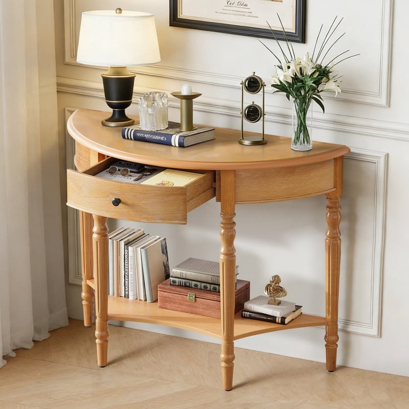 Farmhouse Half Moon Console Table with Drawer and Shelf for Entryway and Living Room Decor