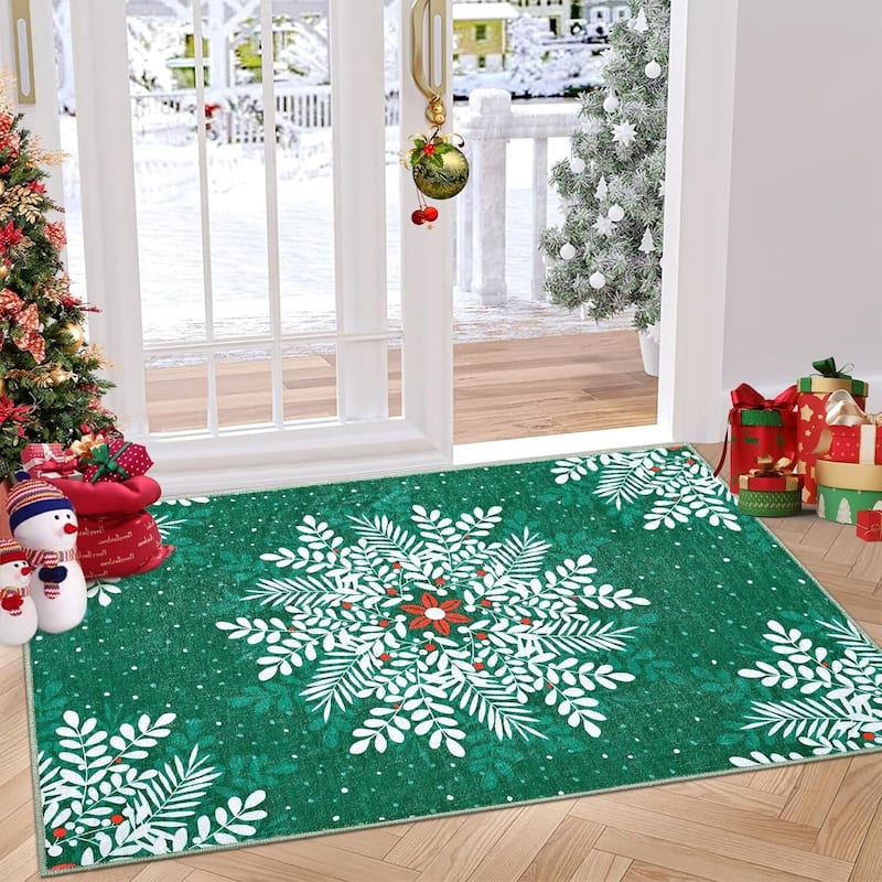 Christmas Snowflake Washable Area Rug, Floor Carpet for Holiday Decor, Green