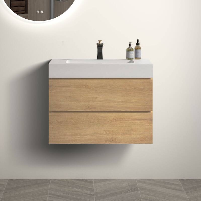 GDFStudio - Naomi Modern Floating Bathroom Vanity with Soft-Close Drawers and Pre-Assembled One-Piece Sink Basin - OAK - 30"