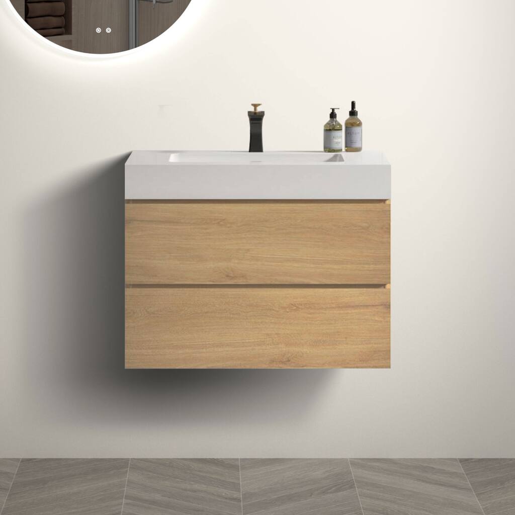 Wall-Mounted Bathroom Vanity with Glossy White Solid Surface Basin, Natural Oak Finish, and Double Drawers - 29.9in L Melamine