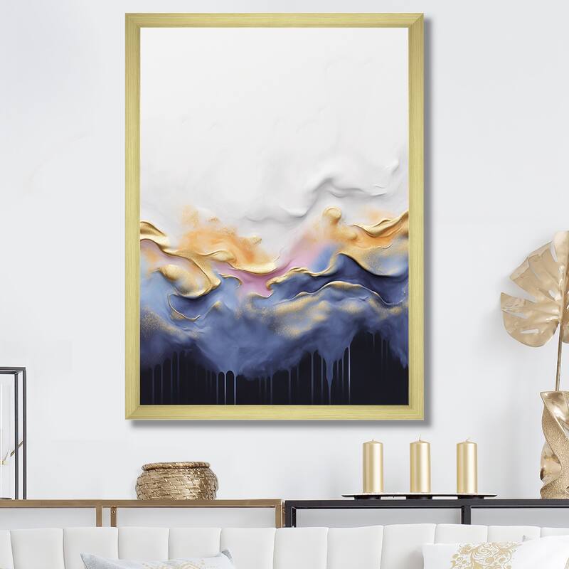 Designart "Abstract Blue And Yellow Marble Waterfall I" Abstract Liquid Ink Blue - Modern Entryway Framed Wall Art - 12 in. wide x 20 in. high - Gold