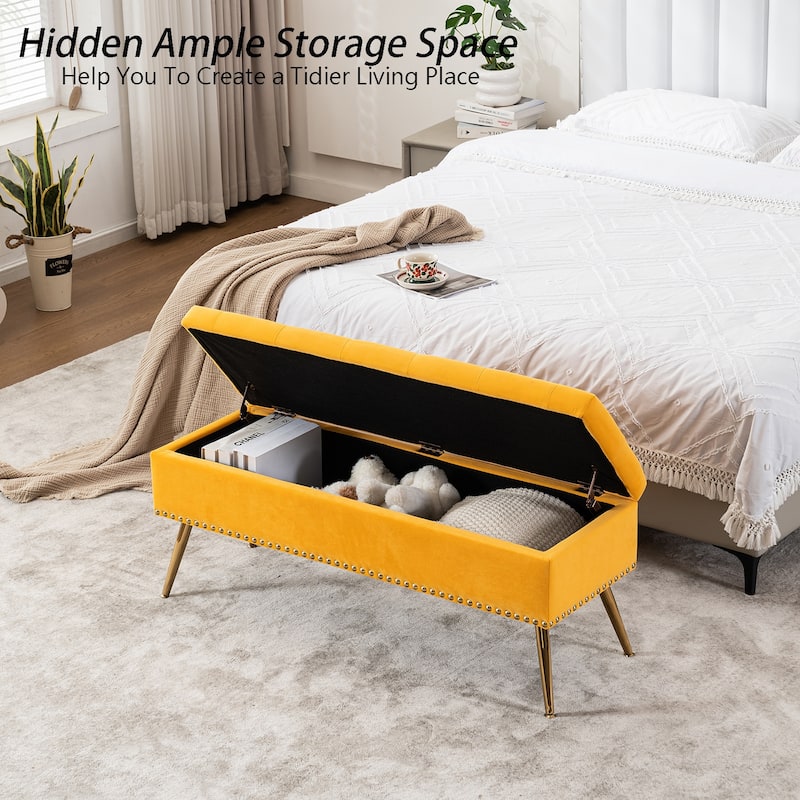 Velvet Storage Ottoman Bench with gold legs and Nailhead Trim for Bedroom/End of Bed/Entryway/Window