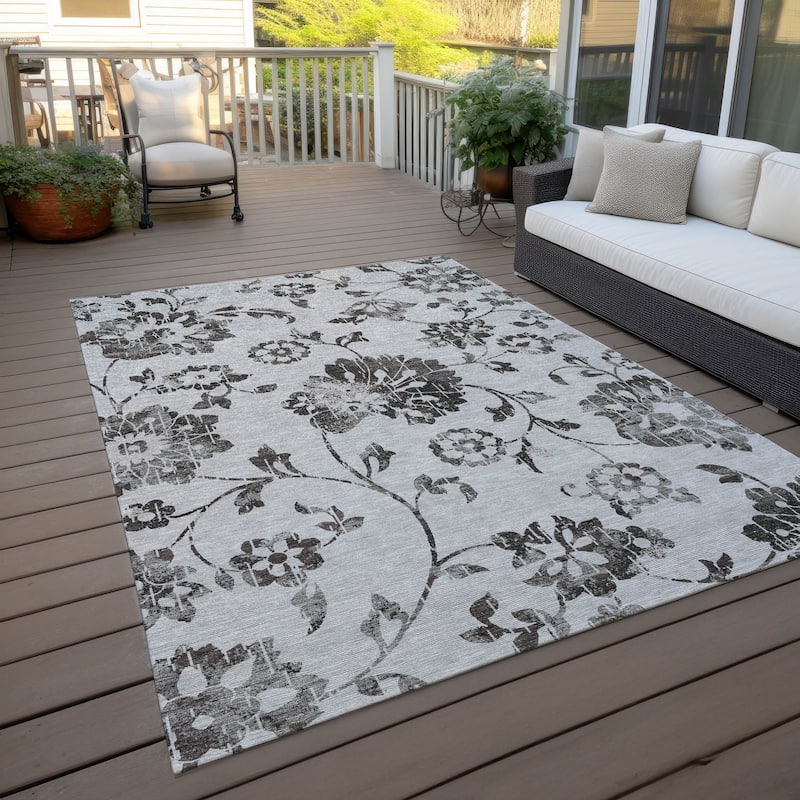 Machine Washable Indoor/ Outdoor Chantille Modern Floral Rug - Gray - 3' x 5'