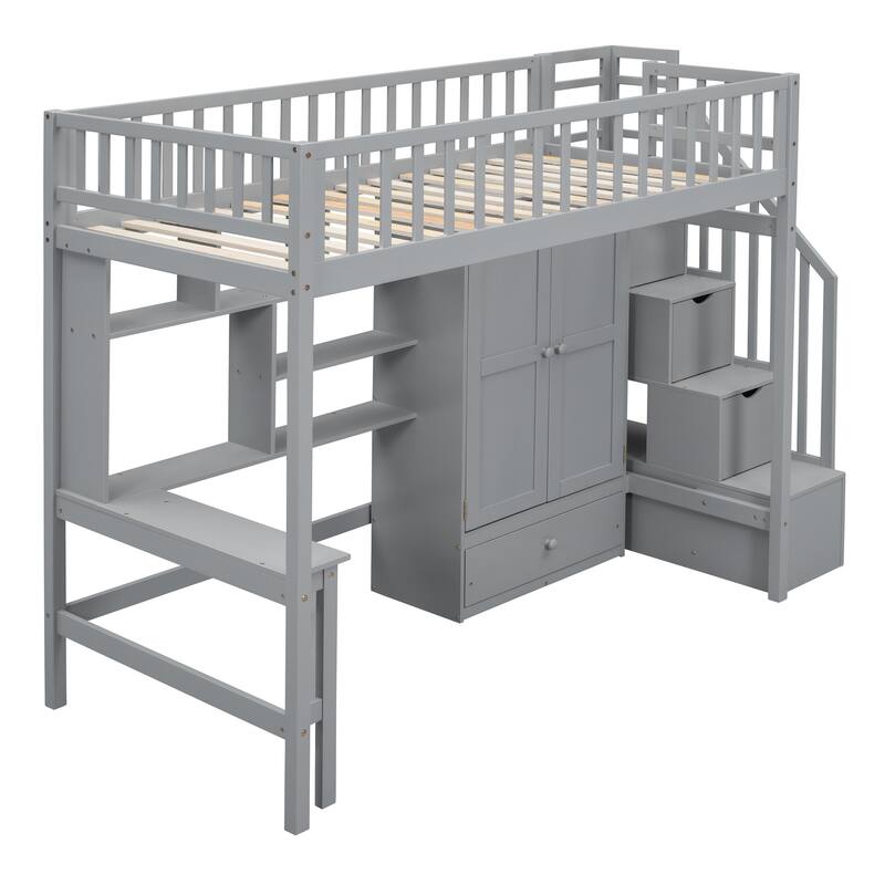 Gray Twin Size Loft Bed with Storage Stairs, Desk and Wardrobe, Stairway High LoftBed with Bookshelf & Drawers, Wooden Bedframe