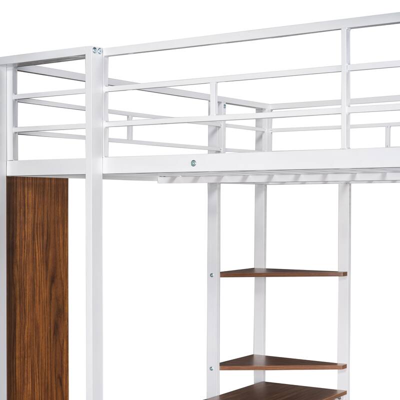 Full Size Metal Loft Bed with Desk and 2 Shelves, White