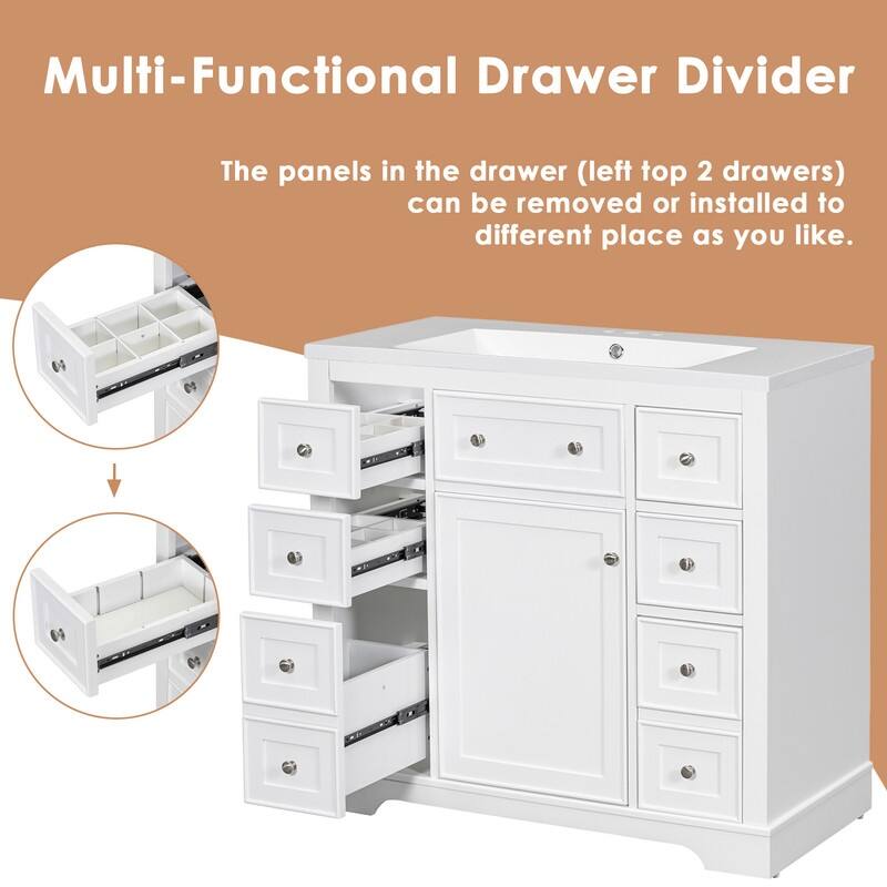 36" Bathroom Vanity with Sink Combo, One Cabinet and Six Drawers, Solid Wood and MDF Board