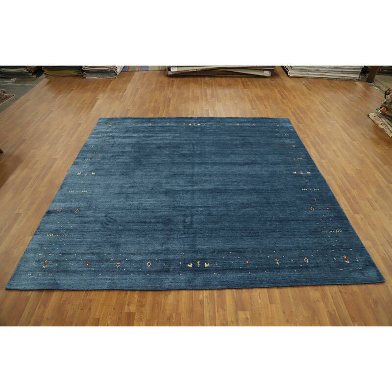 Hand Knotted Oriental Viscose Silk Carpet Tribal Animal Pictorial Navy Blue & Blues Gabbeh Area Rug - 9' 9'' X 10' 0''