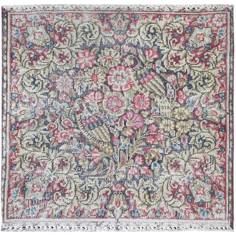 Shahbanu Rugs Colorful Vintage Persian Kerman Sheared Low Distressed Look Worn Wool Hand Knotted Square Oriental Rug (1'7"x1'9")