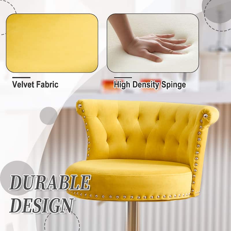 Velvet Upholstered Tufted Nailheads Swivel Adjustable Height Bar Stools with Silver Footrest(set of 2)