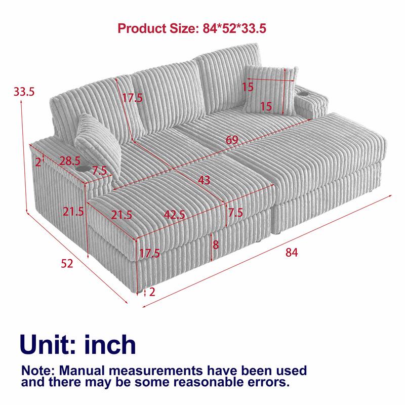 Deep Seat Sectional Loveseat Set with 2 Ottoman and 2 Pillows, Corduroy Chaise Lounge Bed with 2 Storage Spaces and Cupholding