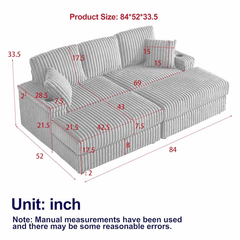 Roomfitters 84" Corduroy 3-Seater Sofa, Deep Seat Couch with 2 Ottomans, Storage, Cup Holders, 3 Back and 2 Toss Pillows