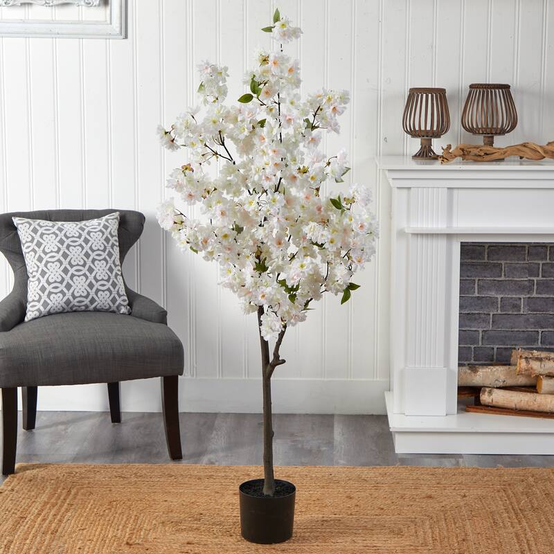 5' White Cherry Blossom Artificial Tree in Black Pot