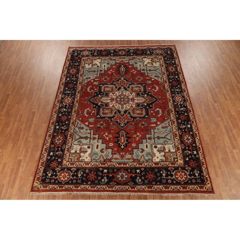 Geometric Heriz Serapi Indian Area Rug Handmade Orange Wool Carpet - 8'11"x 11'9"