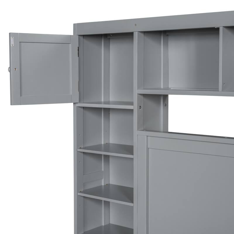 All-in-One Cabinet & Shelf Queen Platform Bed, Wood Slat Support Bed Frame, Storage Headboard w/ Shelf Cubes & 4 Cabinets, Gray