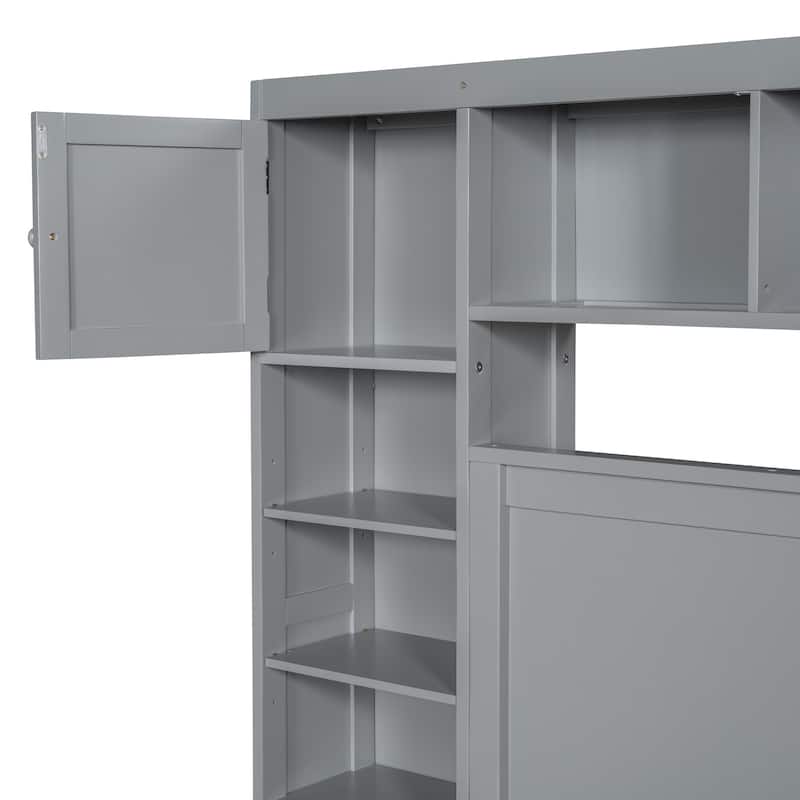 Queen Size Wooden Bed with Built-in Storage, Shelves, and Outlets in Gray