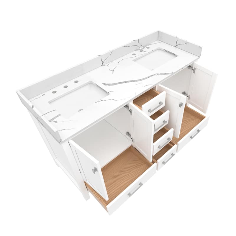 Nephelily 60 inch Transitional White Bathroom Vanity, Double Sinks