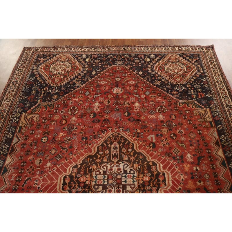 Hand Knotted Oriental 100% Wool Carpet Traditional Medallion Red Shiraz Area Rug - 9' 10'' X 6' 11''