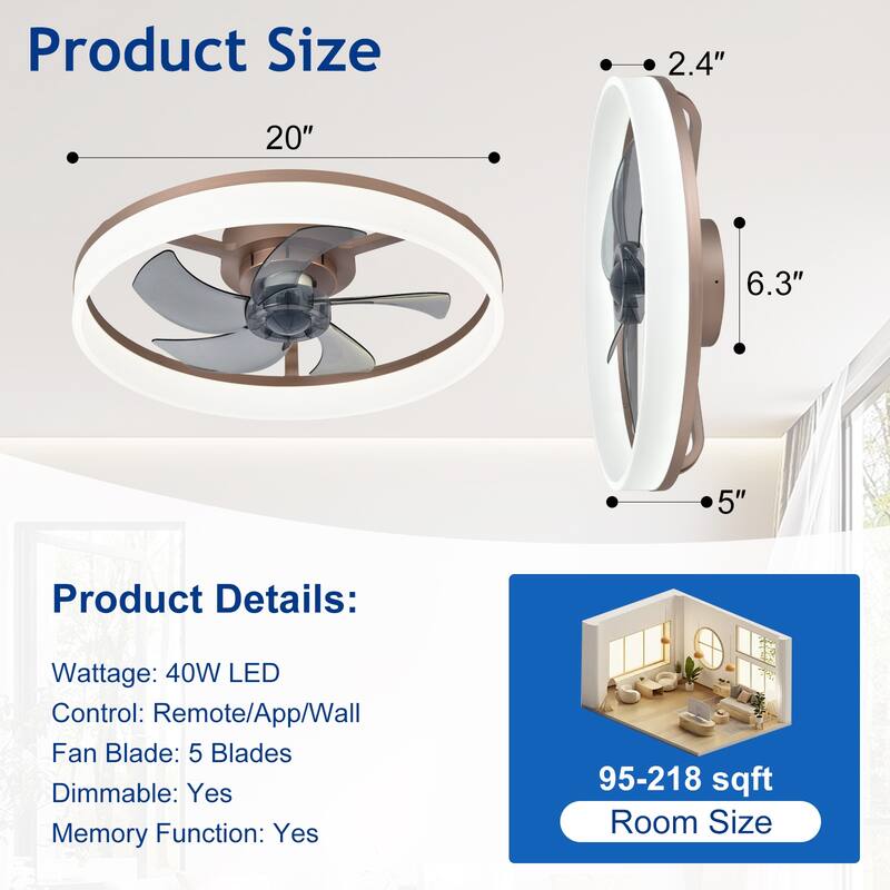 Ceiling Fan with Light: Low Profile, App Remote Control, 6-Speed, 3 CCT, Quiet DC Motor, Dimmable LED, 20" /16"