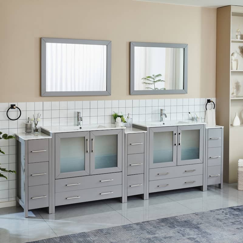 Vanity Art 108" Double Sink Bathroom Vanity Set 13 Dove-Tailed Drawers 3 Cabinets 2 Shelves Soft-Closing Doors with Free Mirror