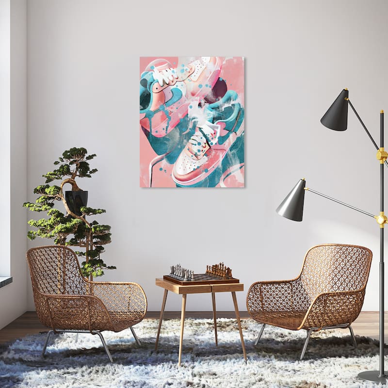 Wynwood Studio Fashion and Glam Summer Sneakers Pink and Turquoise Modern & Contemporary Wall Art Canvas Print - 36 x 30