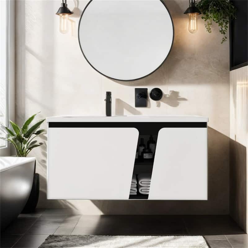 Floating Wall-Mounted Bathroom Vanity w/Ceramics Sink&Soft-Close Door