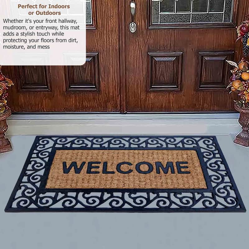 Gardenised Heavy Duty Coco Coir Doormat Non Slip PVC Baking Embossed Welcome Design Natural Coconut Fiber Floor Mat 18x30"