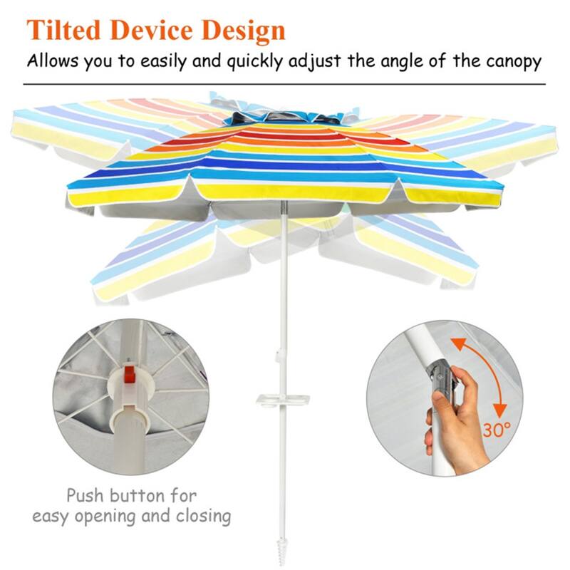 Large 7.2 ft Beach Umbrella with Adjustable Tilt and Sun Protection and Sturdy 8-Rib Frame - 7.2'Dia x 7.2'H