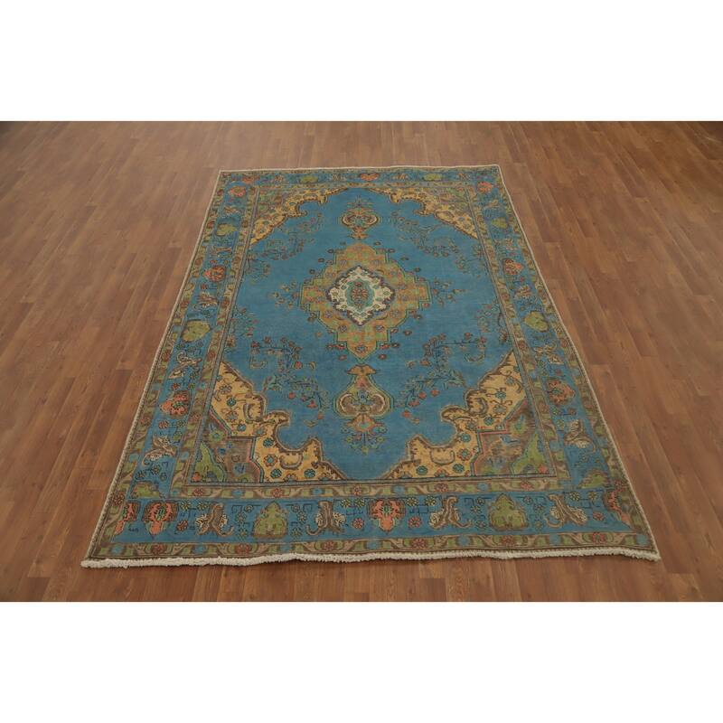 Hand Knotted Oriental 100% Wool Carpet Traditional Floral Navy Blue & Blues Tabriz Area Rug - 9' 5'' X 6' 4''
