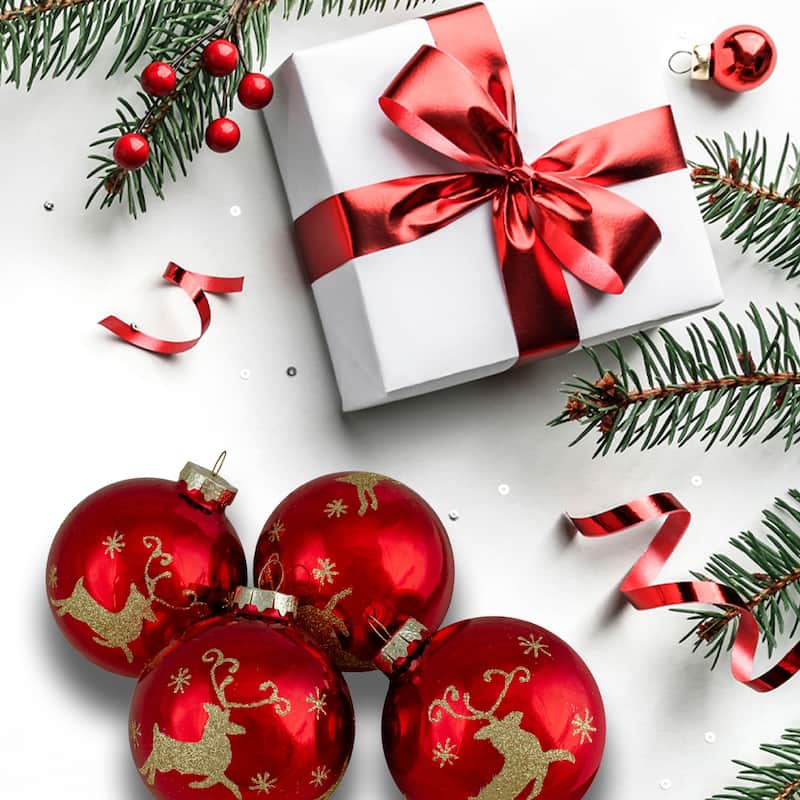 Set of 4 Red and Gold Deer Glass Ball Christmas Ornaments 3.25-Inch (80mm) - 3.25"