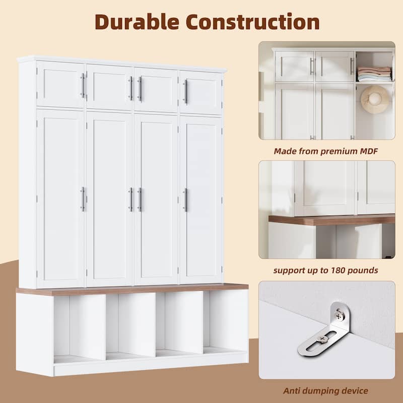 Farmhouse Hall Tree with Walnut Bench, 8 Doors, 4 Hidden Hooks, Entryway Shoe Cabinet with Open Cubbies, 59" Wide