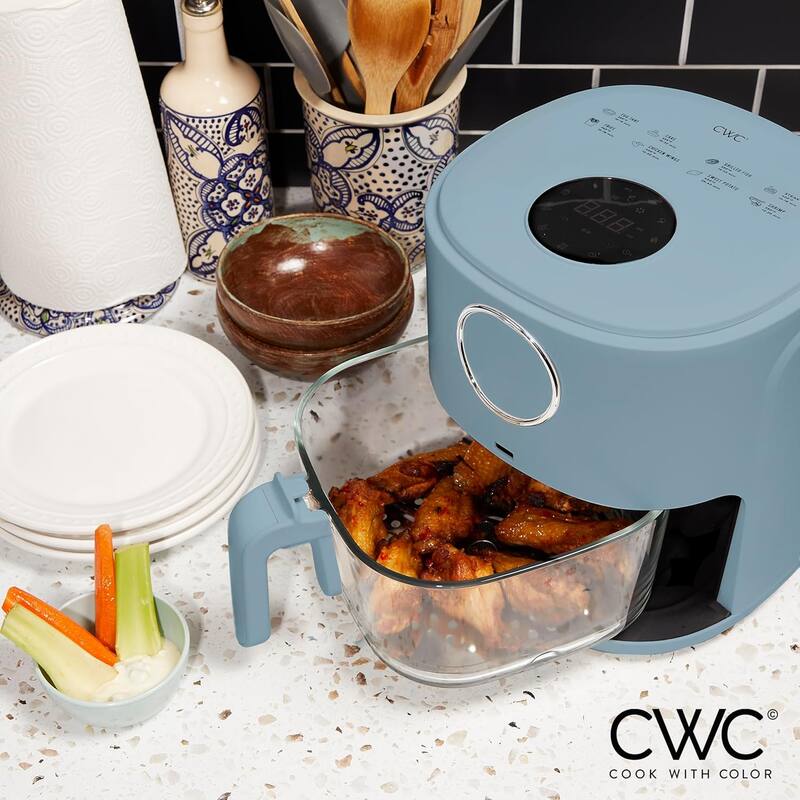 COOK WITH COLOR 1200W Air Fryer: Glass Basket, Dishwasher Safe, 60min Timer, 6 Presets, Temp Control 175F-400F, 4 - 5.5 QT