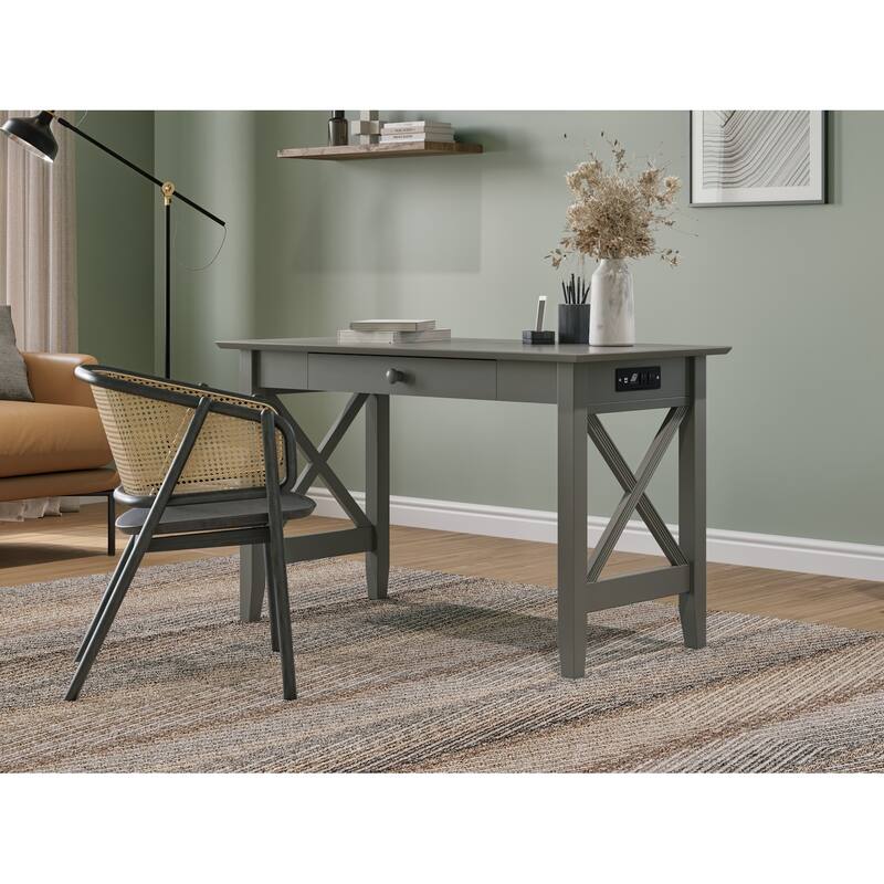 Work Desk with Drawer and Built-In Charging Station - Grey