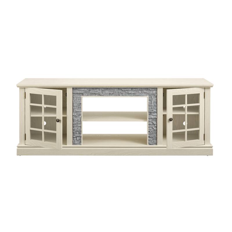 GDFStudio Alice Wood 70" TV Stand with Faux Stone Surround and 2 Door Storage