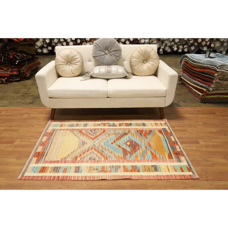 Hand Woven Oriental 100% Wool Carpet Southwestern Tribal Multi-Colored Kilim Area Rug - 4' 11'' X 3' 3''