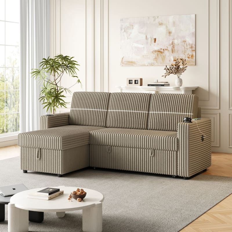 85 Inches Corduroy Sofa Bed, 3 Seater Sleeper Sofa, Pull Out Couch for Living Room