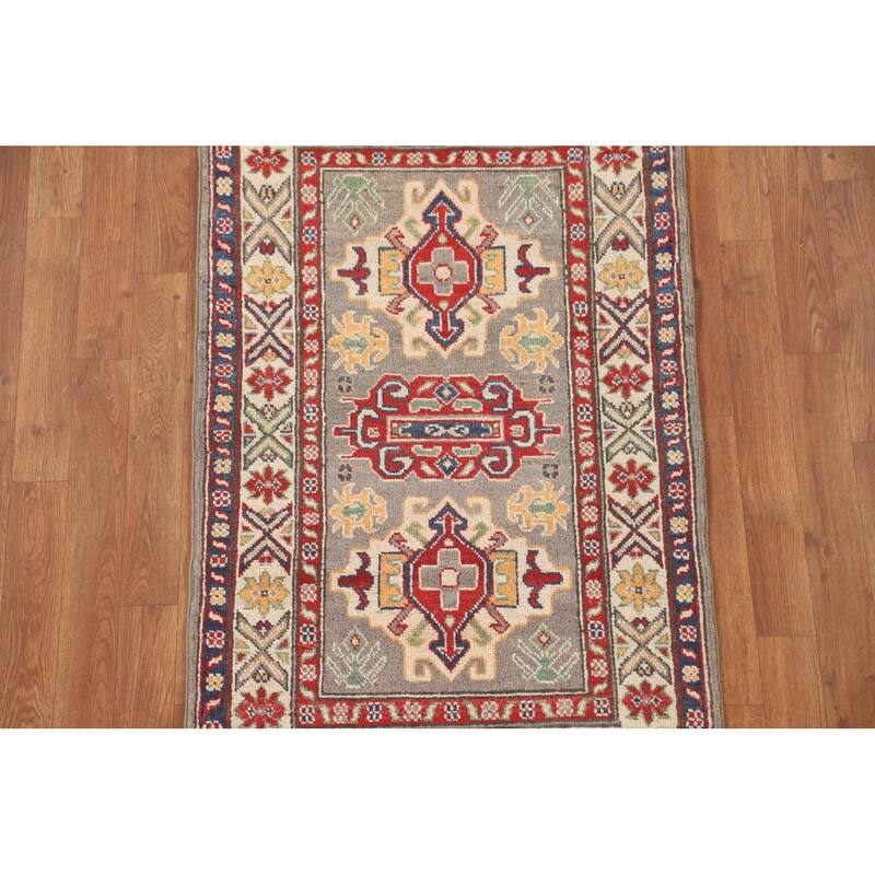 Geometric Kazak Accent Rug Hand-Knotted Grey Wool Carpet - 2'6" x 4'3"